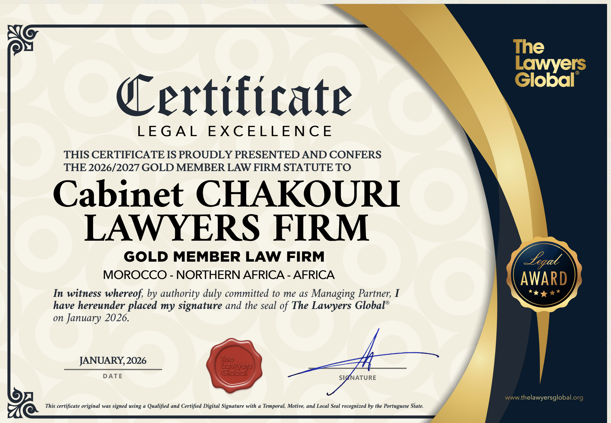 Certificat Gold Law Firm 2026–2027